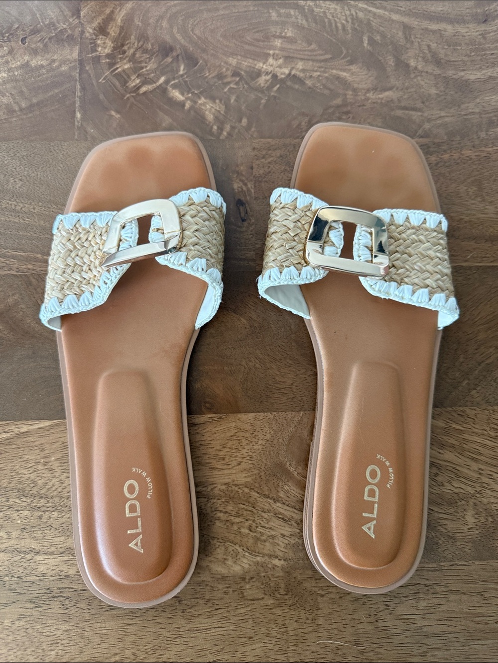 Worn once. Aldo Tan Braided Slide Sandals with White Trim and Gold Buckle